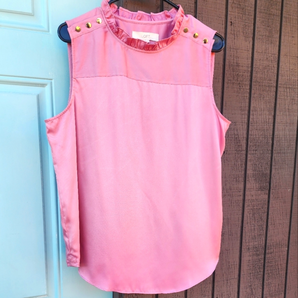 Large Pink Sleveless Blouse 3 Gold buttons at shoulder on each side.